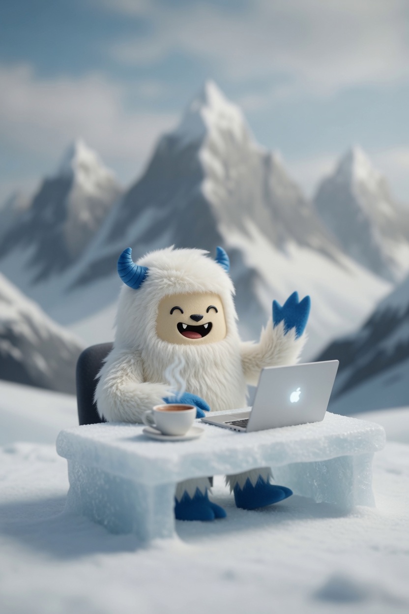 ResumeNomad's yeti working from a snowy mountain peak